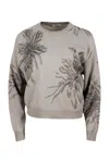 Brunello Cucinelli Long-sleeved Round-neck Wool, Silk And Cashmere Sweater With Flower Print Embellished With Lurex In Brown