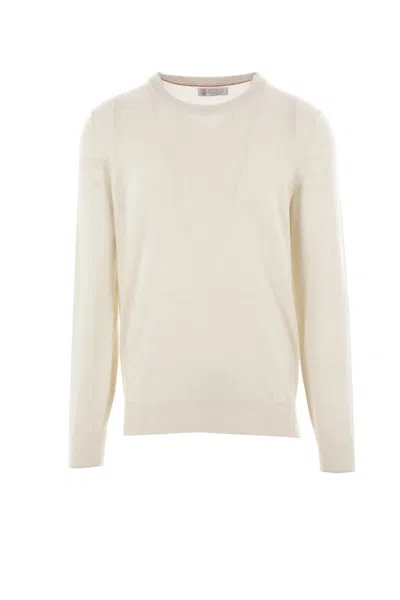 Brunello Cucinelli Crew Neck Cashmere Sweater With Ribbed Cuffs In Neutrals