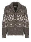 Brunello Cucinelli Wool Cardigan V-neck Geometric Pattern In Brown