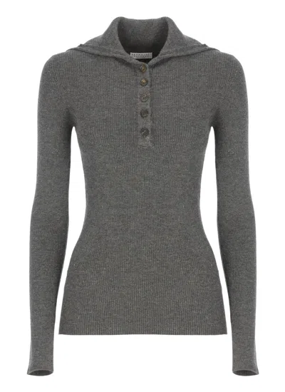 Brunello Cucinelli Ribbed Knit Cashmere Blend Sweater With Hood In Gray