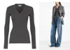 Brunello Cucinelli Fitted Long Sleeve Ribbed V Neck Top In Gray