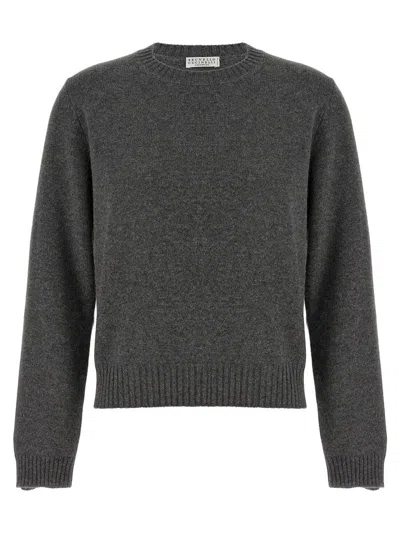 Brunello Cucinelli Cashmere Crewneck Knit Sweater With Ribbed Finish In Gray