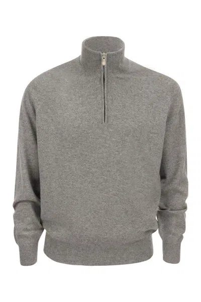 Brunello Cucinelli Men High-necked Cashmere Sweater With Zip Opening In Multi