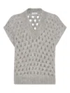 Brunello Cucinelli Open-knit Short Sleeve Sweater With V-neckline In Gray