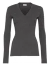 Brunello Cucinelli Fitted Long Sleeve Ribbed V Neck Top In Gray