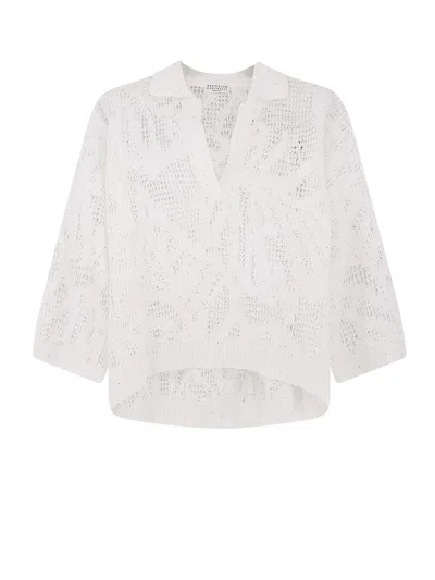 Brunello Cucinelli Textured Knit V Neck Lightweight Sweater In White