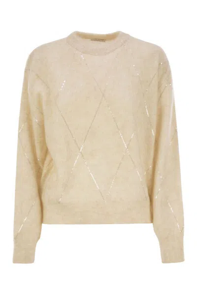 Brunello Cucinelli Mohair, Wool, Cashmere And Silk Sweater With Dazzling Argyle Embroidery In Beige