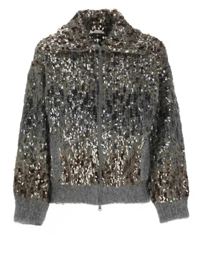 Brunello Cucinelli Sequin Embellished High Neck Cardigan In Gray
