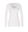 Brunello Cucinelli White V-neck Pullover With Beads Detailing In Stretch Cotton Woman Brunello Cucin In White