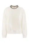 Brunello Cucinelli Women Smooth Cotton Fleece Topwear With Ribbed Collar Precious In White