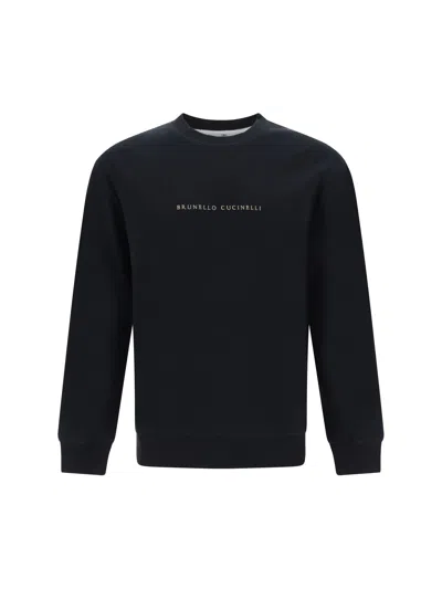 Brunello Cucinelli Men's Techno Cotton French Terry Sweatshirt With Embroidery In Nero+camel