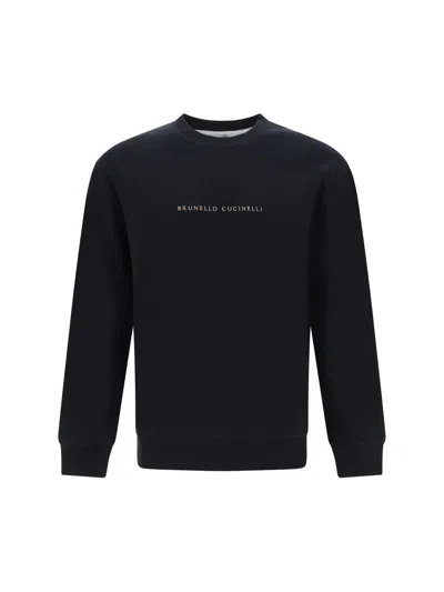 Brunello Cucinelli Men's Techno Cotton French Terry Sweatshirt With Embroidery In Black