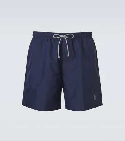 Brunello Cucinelli Straight-leg Mid-length Logo-embroidered Swim Shorts In Blue