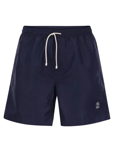 Brunello Cucinelli Swimming Costume With Elastic And Drawstring In Navy Blue
