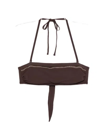 Brunello Cucinelli Halter Neck Swimsuit Top Embellished Detail In Brown