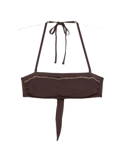 Brunello Cucinelli Halter Neck Swimsuit Top Embellished Detail In Brown