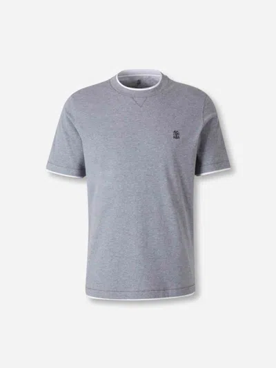Brunello Cucinelli Embroidered-logo Ribbed-neckline T-shirt In Gray