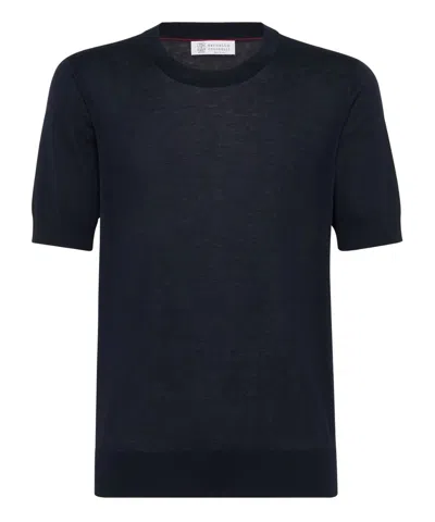Brunello Cucinelli Cotton-silk T-shirt In Navy Blue