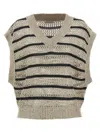 Brunello Cucinelli Cropped V-neck Knit Top With Textured Stripes