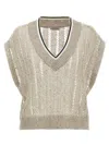 Brunello Cucinelli Ribbed Net Knit T-shirt With V-neck In Beige