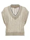 Brunello Cucinelli Women Dazzling Ribbed Net Knitted T-shirt In Linen In Beige