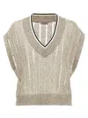 Brunello Cucinelli Ribbed Net Knit T-shirt With V-neck In Beige