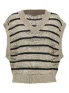 Brunello Cucinelli Cropped V-neck Knit Top With Textured Stripes In Multicolor