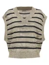 Brunello Cucinelli Cropped V-neck Knit Top With Textured Stripes In Multicolor