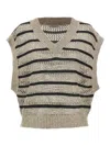 Brunello Cucinelli Cropped V-neck Knit Top With Textured Stripes In Multicolour