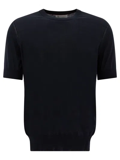 Brunello Cucinelli T-shirt In Maglia Fine Con Trama Fiammata T-shirts Blue In Black