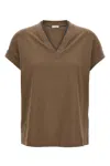 Brunello Cucinelli Rolled Cuffs V-neck Short Sleeve Top In Burgundy