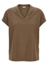 Brunello Cucinelli Rolled Cuffs V-neck Short Sleeve Top In Burgundy