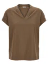 Brunello Cucinelli Rolled Cuffs V-neck Short Sleeve Top In Burgundy
