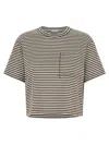 Brunello Cucinelli Striped Jersey Shiny Pocket Detail Crop T-shirt In Brown