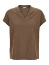 Brunello Cucinelli Rolled Cuffs V-neck Short Sleeve Top In Brown