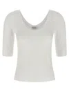 Brunello Cucinelli White U-neck T-shirt With Back Monil Detail In Cotton Woman In White
