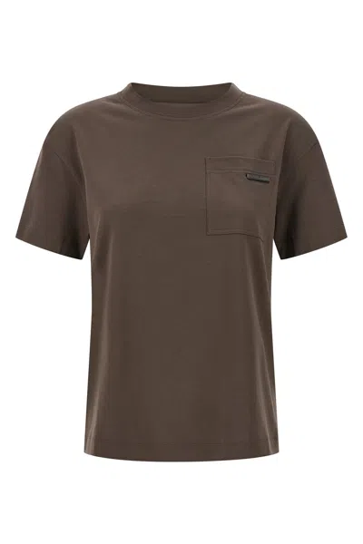 Brunello Cucinelli Shiny Tab Crew Neck Chest Pocket T Shirt In Brown