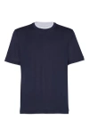 Brunello Cucinelli Men Silk And Cotton Jersey Crew-neck T-shirt With Faux-layering In Cobalt