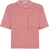 Brunello Cucinelli Red Crewneck T-shirt With All-over Striped Motif And Jewel Detail On The Front In In Red