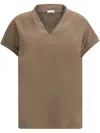 Brunello Cucinelli Rolled Cuffs V-neck Short Sleeve Top In Burgundy