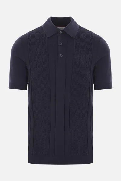 Brunello Cucinelli Men Cotton Knit Polo With Jacquard Stripes In Blue