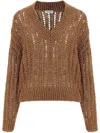 Brunello Cucinelli Brown Sweater With V-neck And Open Stitch In Linen And Silk Blend Woman In Brown