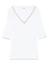 Brunello Cucinelli Ribbed V-neck 3/4 Sleeves Crewneck Contrast Trim In Multicolor