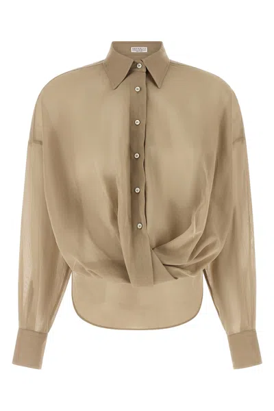 Brunello Cucinelli Beige Shirt With Classic Collar And Monil Detail On The Collar In Cotton Woman In Neutral