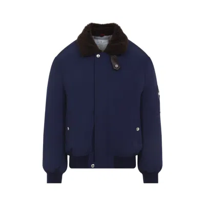 Brunello Cucinelli Tailored Feather Down Jacket With Sheepskin Collar In Blue