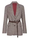 Brunello Cucinelli Tailored Houndstooth Blazer With Matching Waist Belt In Brown