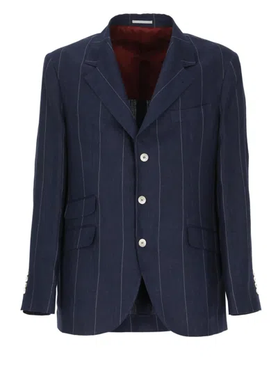 Brunello Cucinelli Tailored Linen Jacket With Classic Lapel In Blue