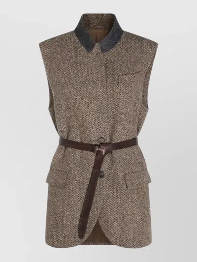 Brunello Cucinelli Tailored Sleeveless Mid Length Herringbone Coat In Brown
