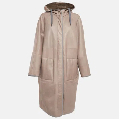 Pre-owned Brunello Cucinelli Tan Reversible Hooded Shearling Coat Xl