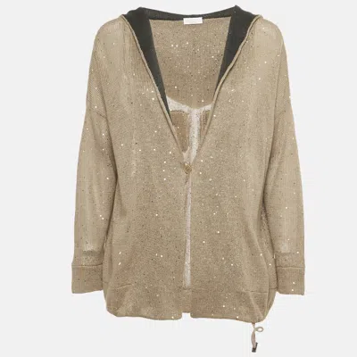 Pre-owned Brunello Cucinelli Tan Sequin Embellished Cotton Knit Hoodie Xs In Brown